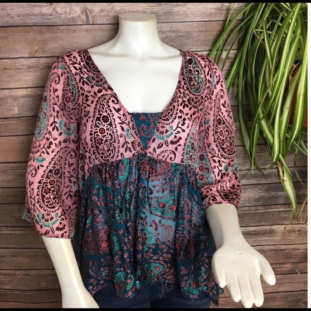 Anthropologie Floreat Pink and Teal Blouse
